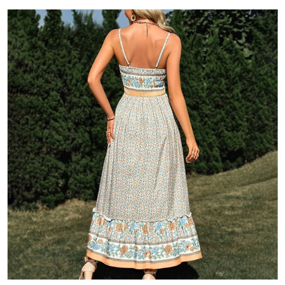 Floral print sleeveless maxi dress - beige/orange/blue 100% cotton - Picture 3 of 13